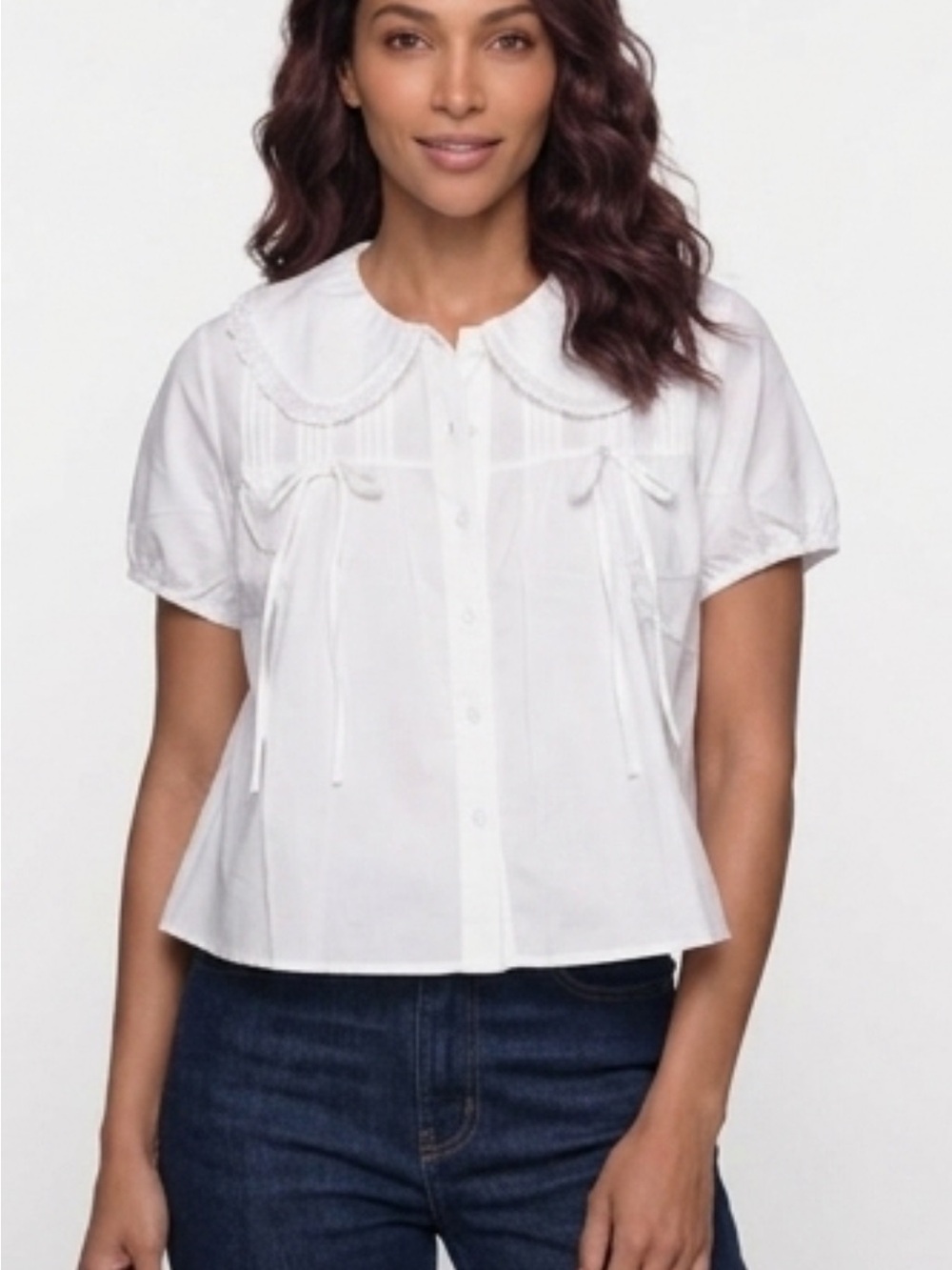 Cider White Short-Sleeve Button-Down Blouse with Peter Pan Collar
